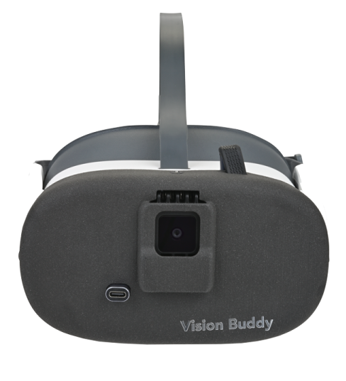 Rear view of the Vision Buddy 4 Max headset, featuring an AI camera and USB-C port, designed to assist individuals with low vision.