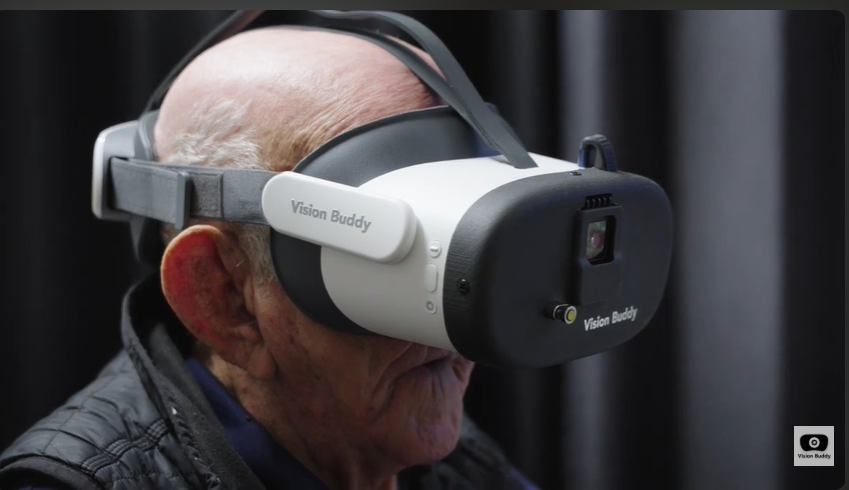 Thomas Altom wearing his Vision Buddy headset in profile