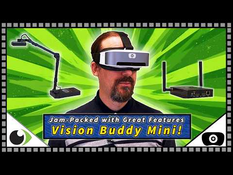 Reviewer wearing the Vision Buddy Mini headset next to the TV Hub and CCTV Mini accessories